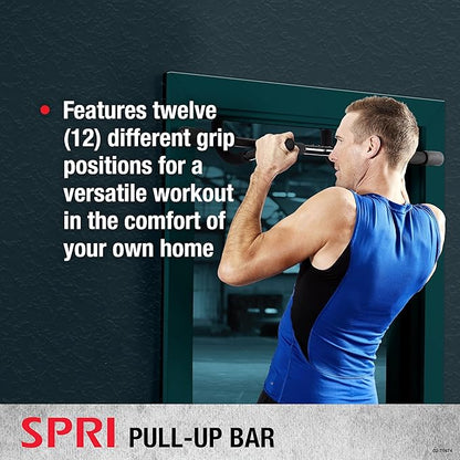 SPRI Pull Up Bar - 8-Grip and 12-Grip Door Frame Mounting Pull-Up Bar for Versatile Workouts - Rugged Steel Frame with Foam Handles - Supports 300 Pounds - Fits Door Frames Up to 32 in. Wide – Black