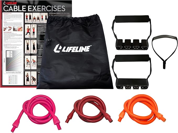 Lifeline Resistance Trainer Kit with Adjustable Resistance Level Bands for More Workout Options Includes Triple Handles, Door Anchor, Multiple 4ft Exercise Tubes, Instruction Guide and Carry Bag