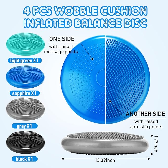 Sotiff 4 Pcs Wiggle Seat Flexible Inflated Wobble Cushion Stability Balance Pad Balance Disc Sensory Seat for Kids Men Women Physical Therapy Fitness Exercise Home School 13.4 Inch