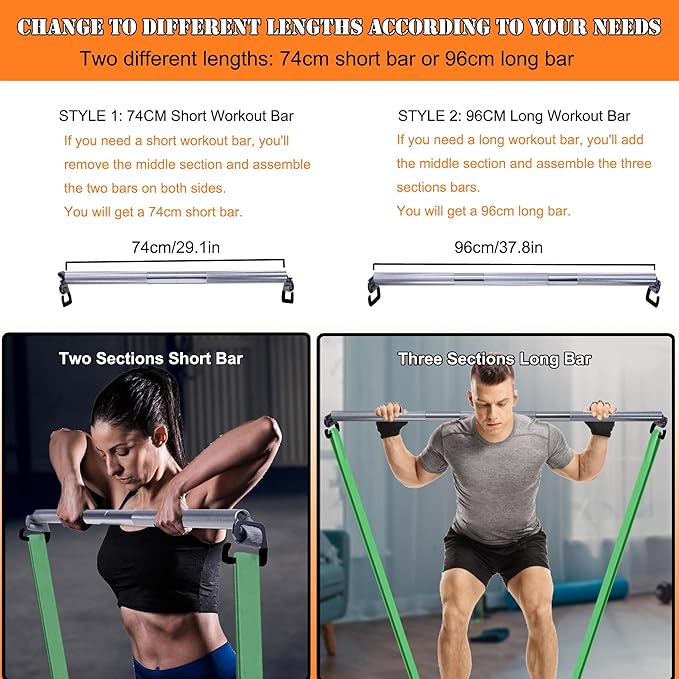 J Bryant Fitness Resistance Band Exercise Bar Large Hook 37.8" Length With Handles Heavy Duty Bar