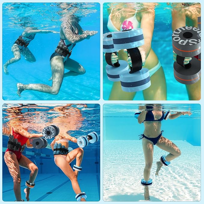 Sportneer Water Aerobics Pool Exercise Equipment New 6-Piece Water Fitness Set Includes High Density Water Weight Swim Belt Water Ankle Weights for Aqua Therapy Pool Fitness Water Exercise