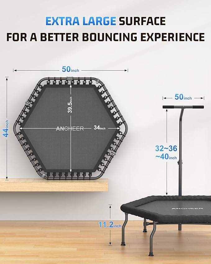 ANCHEER 50" Fitness Rebounder, 550 lbs Capacity Bungee Trampoline with Adjustable Handle Bar - Indoor Exercise Equipment for Adults, Cardio Workout, Gym, Low Impact Training, Foldable