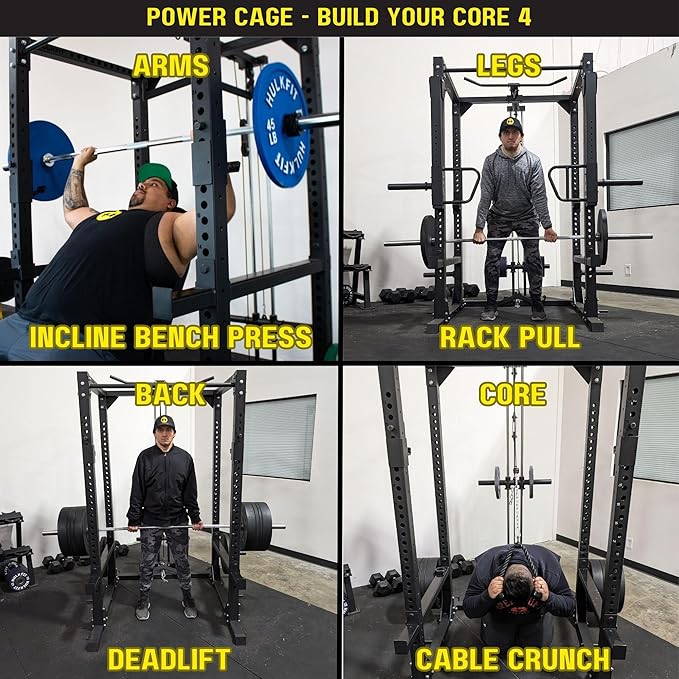 HULKFIT Elite Series 3" x 3" Light Commercial Power Cage Squat Rack for Home and Garage Gym with Attachments & Accessories - Black