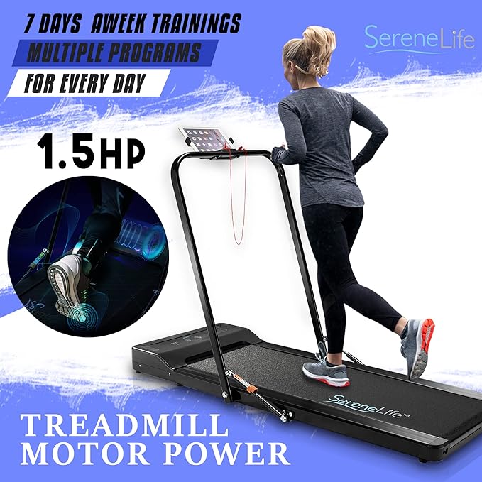 SereneLife Folding Treadmill - Foldable Home Fitness Equipment with LCD for Walking & Running - Cardio Exercise Machine - Preset and Adjustable Programs - Bluetooth Connectivity