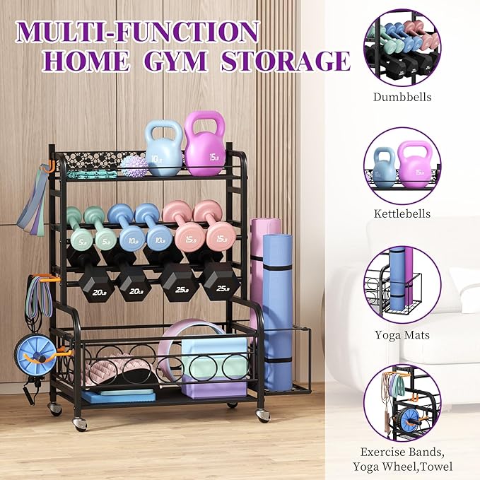 Weight Rack for Dumbbells, Dumbbell Rack Weight Stand, VOPEAK Home Gym Storage Rack for Yoga Mat Kettlebells and Strength Training Equipment, Weight Storage Holder Rack for Dumbbells with Wheels