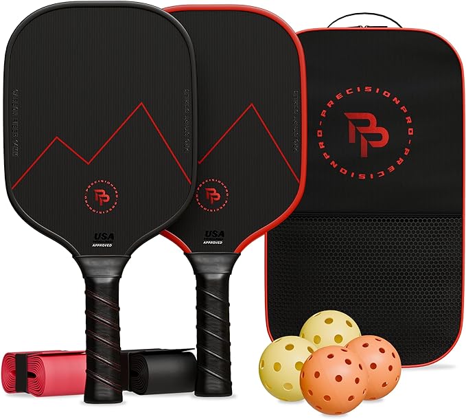 Premium Carbon Fiber Pickleball Paddle- 14mm Pickleball Paddles Set of 2 w/Unique Design Handles & Indoor Outdoor Pickleball Balls - Comfortable Pickleball Paddle Grip, USA Approved