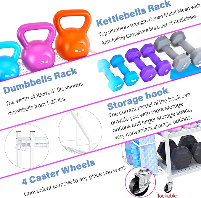 Dumbbell Rack, Yoga Mat Storage Rack - Weight Rack for Dumbbells, Home Gym Storage Rack for Yoga Mat, Dumbbells and Kettlebells, All in One Workout Equipment Storage with Caster Wheels