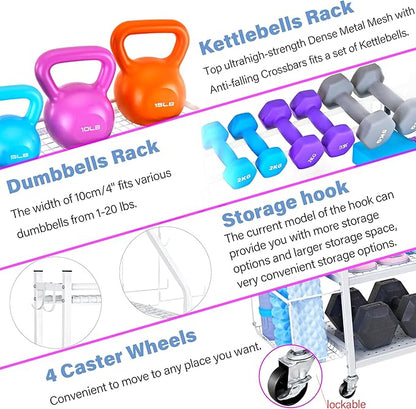 Dumbbell Rack, Yoga Mat Storage Rack - Weight Rack for Dumbbells, Home Gym Storage Rack for Yoga Mat, Dumbbells and Kettlebells, All in One Workout Equipment Storage with Caster Wheels