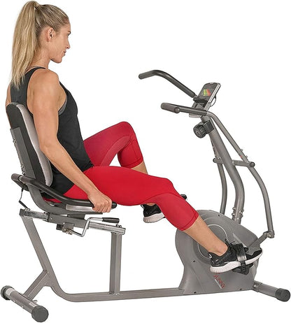 Sunny Health & Fitness Magnetic Recumbent Bike w/Adjustable Wide Cushion Seat, Home Stationary Exercise Machine for Adult/Seniors, Optional Arm Exerciser & Exclusive SunnyFit App Bluetooth Connection