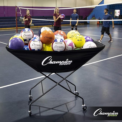 Champion Sports Volleyball Cart with Wheels, Holds up to 24 Balls - Collapsible, Portable Ball Storage with Sturdy Aluminum Frame, Hammock Style Bag - Premium Volleyball Equipment and Accessories , Black