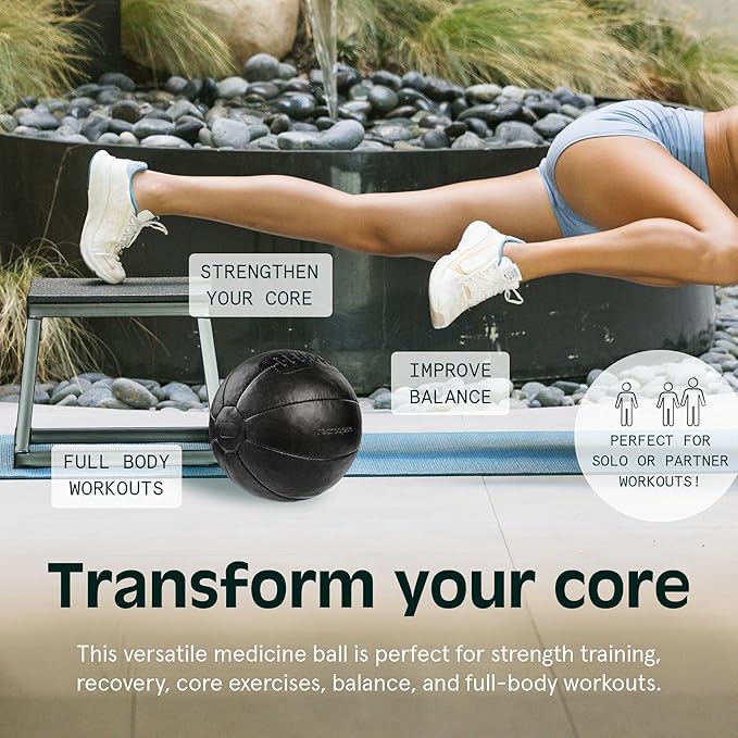 Core Weighted Medicine Ball 4, 6, 8, 10, 12, 14, 16, 20, 25, 30 lbs, Soft Touch Vegan Leather with Sturdy Grip for Strength Training, Recovery, Balance Exercises and Other Full-Body Workouts