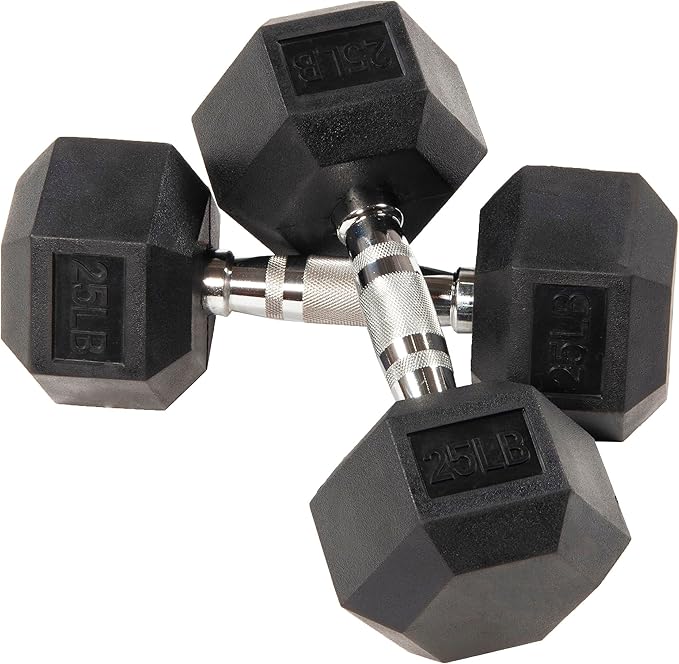 Signature Fitness Rubber Encased Hex Dumbbell with Rack