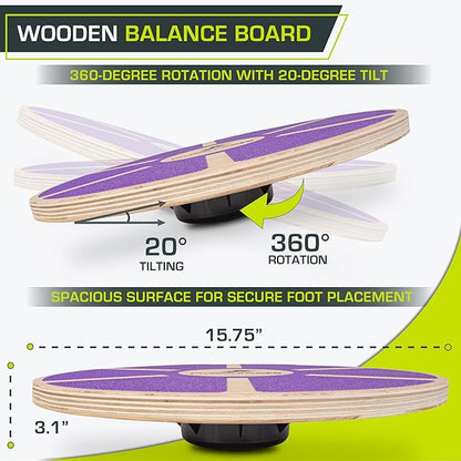 ProsourceFit Wooden Balance Board Non-Slip Wobble Core Trainer 15.75in (39.5cm) Diameter with 360 Rotation for Stability Training, Full Body Exercises, Physical Therapy