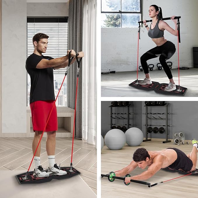 Push Up Board for Home Gym with Exercise Accessories Resistance Bands & Ab Roller Wheel & Pilates Bars - Portable Gym with Foldable Pushup Board - Exercise Equipment for Upper Body Workout, Gift for Women & Men