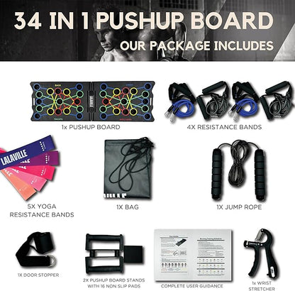 LALAVILLE Push Up Board Fitness 2024, Portable Foldable 34 in 1 Push Up Bar at Home Gym, 2x Pushup Handles, 2x Resistance Bands, 1x Jump Rope, 1x Wrist Strengthener, 1x Bag, 5x Yoga Resistance Bands, Professional Equipment for Men and Women