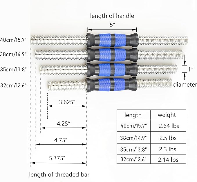 Threaded Dumbbell blue Durable Rubber Handles/Adjustable Dumbbell Bar 32/35/40cm(12.6/14.2/15.7Inch) - 1 inch