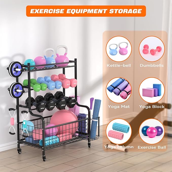 Yoga Mat Storage Rack, Home Gym Storage Rack for Dumbbells, Kettlebells, Foam Roller, Yoga Strap and Resistance Bands, Exercise Equipment Storage Organizer With Wheels