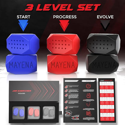 Mayena Jaw Exerciser for Men & Women – 3 Resistance Levels (6 pcs) Silicone Jawline Exerciser Tablets – Powerful Jaw Trainer for Beginner, Intermediate & Advanced Users – Slims & Tones the Face