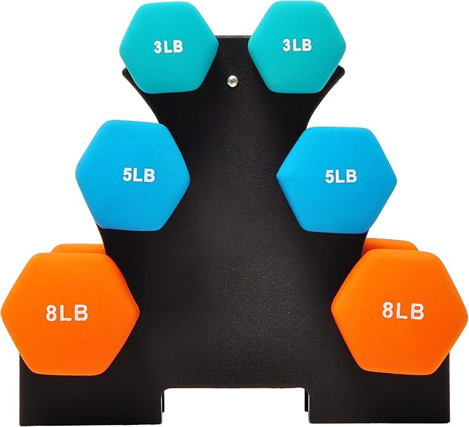 Signature Fitness Neoprene Dumbbell Hand Weights, Anti-Slip, Anti-roll, Hex Shape Colorful, Pair or Set with Stand