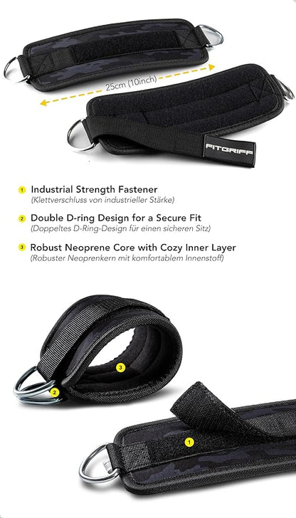 Fitgriff® Ankle Straps V1 for Cable Machine (2 Pieces) - Gym Workout Equipment - Leg Pulley Attachment, Kickback Straps