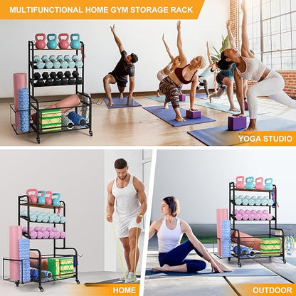 ETELI Home Gym Storage Rack Weight Holder Rack for Dumbbells Garage Sports Equipment Organizer for Yoga Mat Kettlebells and Strength Training Fitness Equipment with Hooks, Wheels