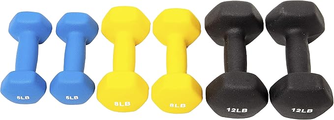 Signature Fitness Neoprene Dumbbell Hand Weights, Anti-Slip, Anti-roll, Hex Shape Colorful, Pair or Set with Stand