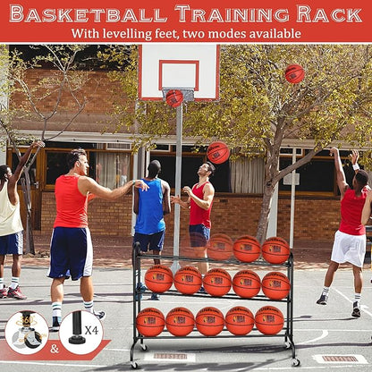 Basketball Rack Training Stand - Tilt Ball Training Equipment Holder Shooting Rolling Storage Cart with Wheels Sports Outdoor Volleyball Soccer Football Garage Organizer Basketball Accessories