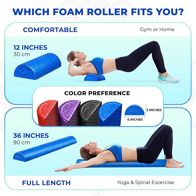 Yes4All High Density Half Round Foam Roller Support Pain Relieved, Back, Leg and Muscle Restoration, 12", 18", 24", 36"