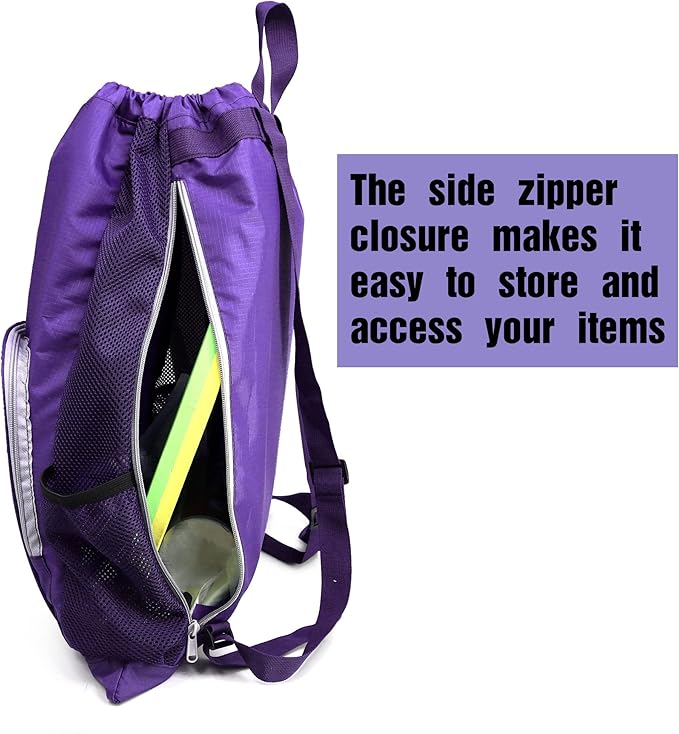 BeeGreen Gym Bag Drawstring Backpack With Zipper Pocket Swim Bag for Men Women Swimmers Sports Bag for Beach Pool Workout Gifts With 2 Mesh Pockets Cinch Bag Dark Purple