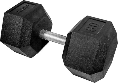 Rep Fitness Rubber Hex Dumbbell(s) - Singles (55LB +) and Pairs (5LB - 50LB) - Low Odor, Fully Knurled Handle