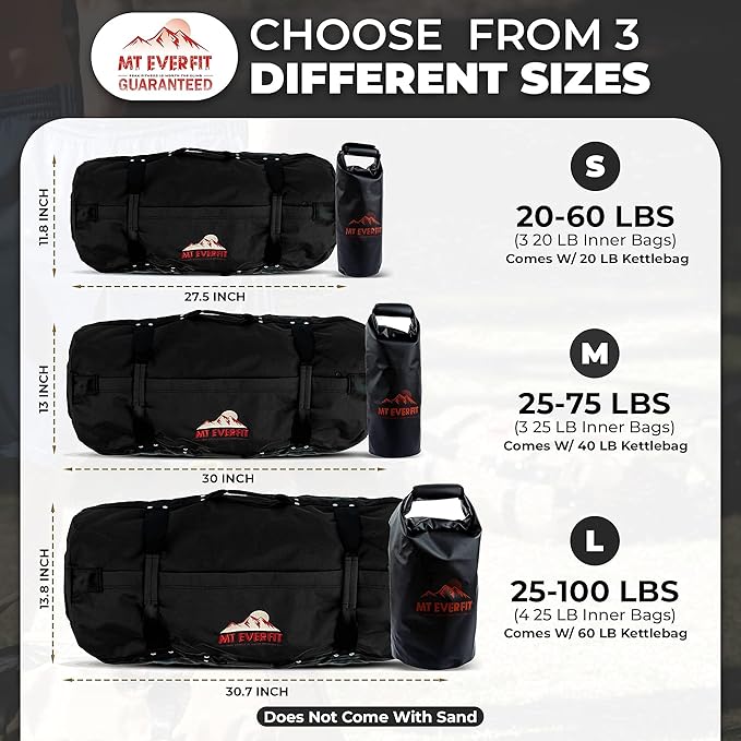 Sandbag Workout Bag & Sandbag Kettlebell Set - Heavy Duty Functional Triple Stitched Fitness Sandbags Made from 1050 Cordura with 8 Thick Foam Padded Handles & 3 Inner Bags