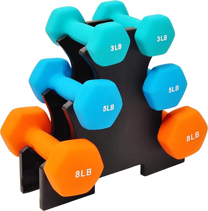 Signature Fitness Neoprene Dumbbell Hand Weights, Anti-Slip, Anti-roll, Hex Shape Colorful, Pair or Set with Stand