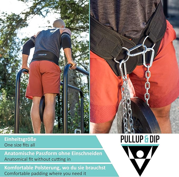 PULLUP & DIP Belt with Chain and 3x Carabiner, Dip Belt incl. Neoprene Flaps as Clothing Protection, Weightlifting Belt, Weighted Belt, Pull-Up Belt for Calisthenics, Weight Training, Bodybuilding