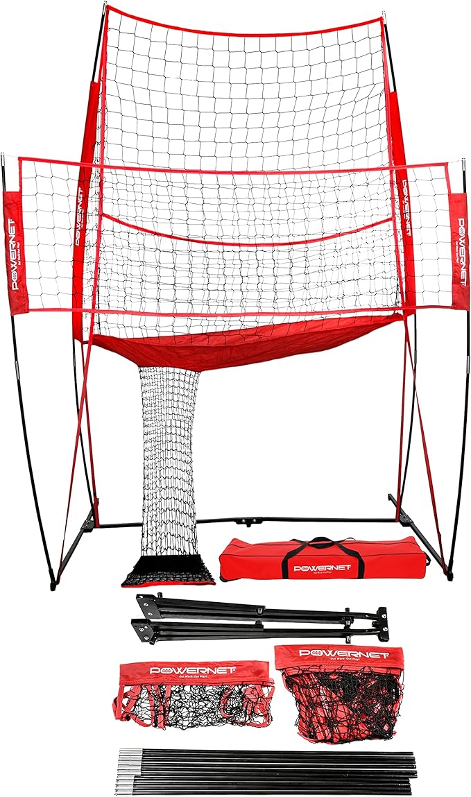 PowerNet Volleyball Practice Net Station, 8 ft Wide by 11 ft High, Ball Return, Great for Hitting and Serving Drills, Perfect for Team or Solo Training, Three Minute Setup, Bow Style Frame