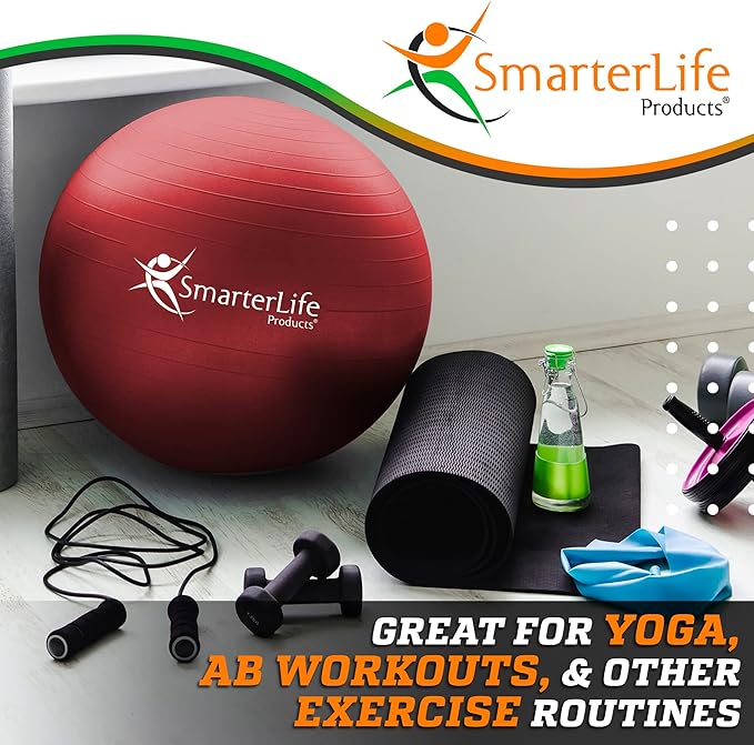 SmarterLife Workout Exercise Ball for Fitness, Yoga, Balance, Stability, or Birthing, Great as Yoga Ball Chair for Office or Exercise Gym Equipment for Home, Premium Non-Slip Design