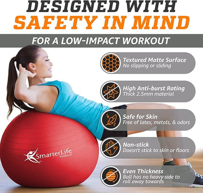 SmarterLife Workout Exercise Ball for Fitness, Yoga, Balance, Stability, or Birthing, Great as Yoga Ball Chair for Office or Exercise Gym Equipment for Home, Premium Non-Slip Design