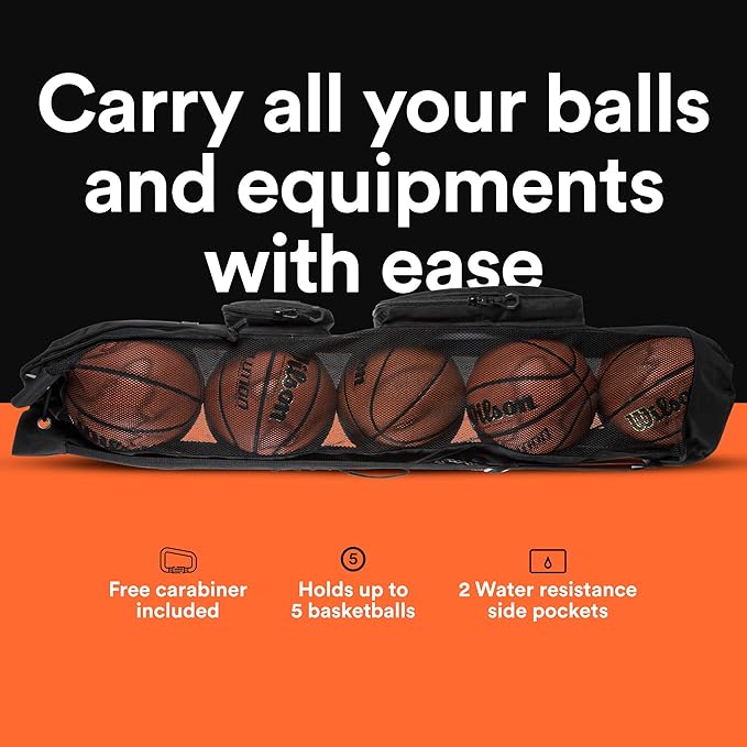 Fitdom Heavy Duty XL Basketball Mesh Equipment Ball Bag w/Shoulder Strap Design for Coach with 2 Front Pockets for Coaching & Sport Accessories. This Team Tube Carrier Can Store Up to 5 Basketballs