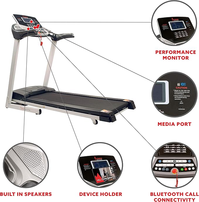 Sunny Health & Fitness Energy Flex Motorized Treadmill with Automatic Incline Easy Foldable Design Pulse Sensors Digital Display and Optional SunnyFit® App Enhanced Bluetooth Connectivity