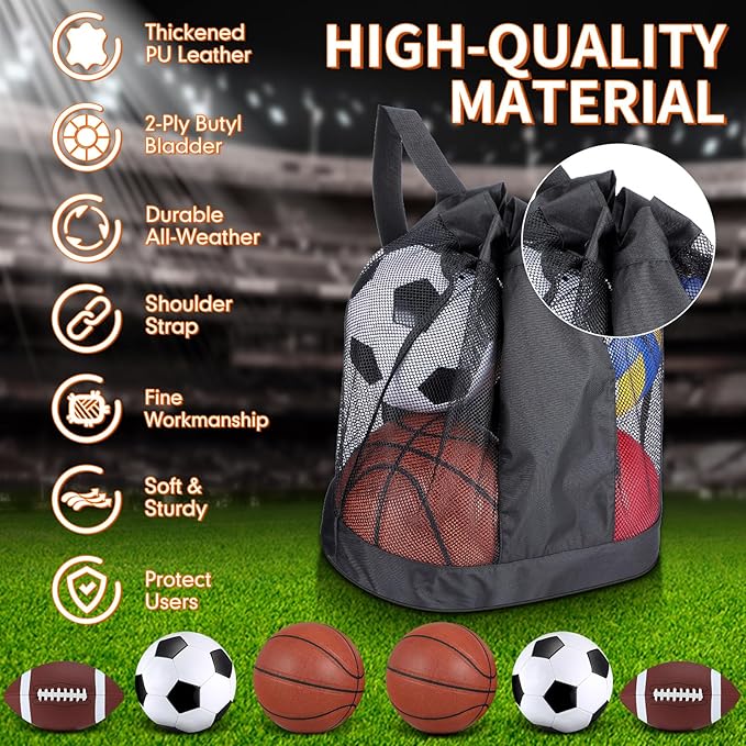 Lenwen 6 Pcs Sport Balls Set for Kids Teens, Include Official Size Basketball Football Soccer Ball with Sport Equipment Bags and Pumps for Training Practice Kids Teens Youth Game Gift