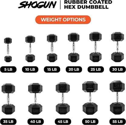 Shogun Hex Dumbbells. Available Hex Dumbbells from 5-55 LBS For Home Workouts, Weight & Strength Training. 5 to 20 LB Hex Dumbbells Sold in Pairs. 25 to 55 LB Hex Dumbbells Sold as Single.