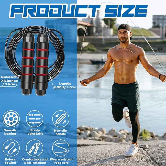 4 Pcs Jump Rope Adjustable Workout Skipping Rope Tangling Free Rapid Speed Jumping Rope Cable with Bearings and Foam Handles Fitness Equipment for Men Women Home Cardio Exercise Endurance Training