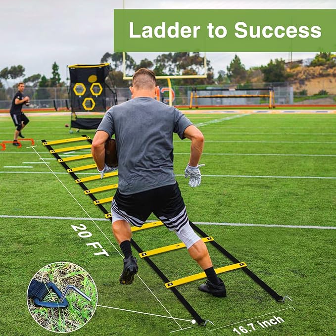 Agility Ladder Training Equipment Set - Agility Ladder(12 Rungs/20ft), 4 Speed Hurdles, 12 Training Cones, Jump Rope, Parachute for Speed/Soccer/Football Training with Carry Bag