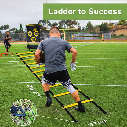 Agility Ladder Training Equipment Set - Agility Ladder(12 Rungs/20ft), 4 Speed Hurdles, 12 Training Cones, Jump Rope, Parachute for Speed/Soccer/Football Training with Carry Bag