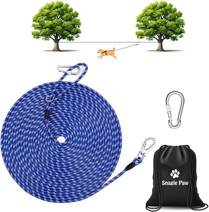 Snagle Paw 75FT Dog Runner for Outside 3 in 1, Long Dog Training Leash with Handle for Small Medium Large Dogs, Reflective Rope Dog Tie Out Cable for Yard,Park,Camping (Blue for 1 Dog)