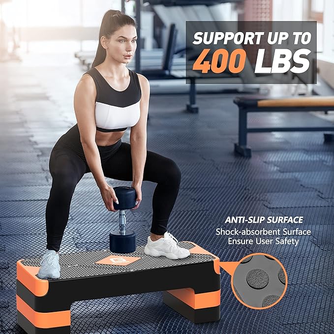 Aerobic Exercise Step, Adjustable Aerobic Stepper for Exercise, Workout Step Platform for Step Up, 26.5" Step Deck with 4” 6” 8” Adjustable Height Risers, Women Home Gym Cardio Fitness