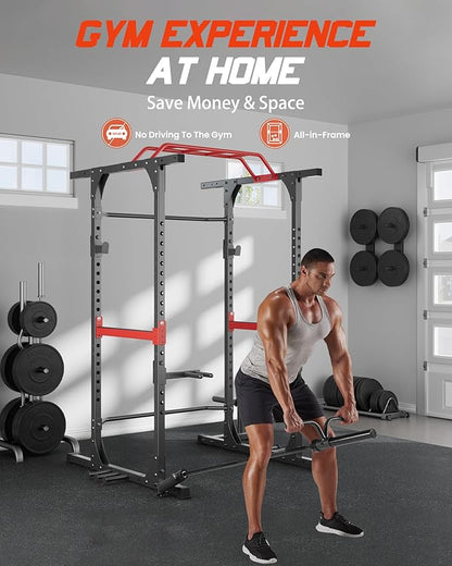 Power Cage, 1200lbs Capacity Power Rack with Adjustable Cable Crossover System, Multi-Function Squat Rack with Pulley System, Weight Cage for Home Gym with Training Attachments