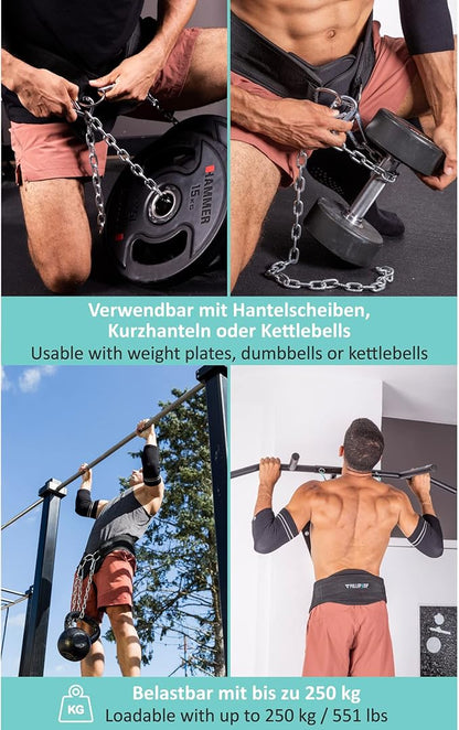 PULLUP & DIP Belt with Chain and 3x Carabiner, Dip Belt incl. Neoprene Flaps as Clothing Protection, Weightlifting Belt, Weighted Belt, Pull-Up Belt for Calisthenics, Weight Training, Bodybuilding