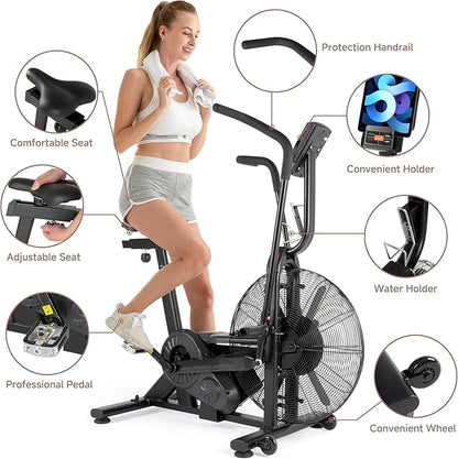 leikefitness Fan Exercise Bike Upright AirBike Indoor Cycling Stationary Bicycle with Unlimited Air Resistance System,Heart Rate Compatibility and Tablet Holder for Home Cardio Workout