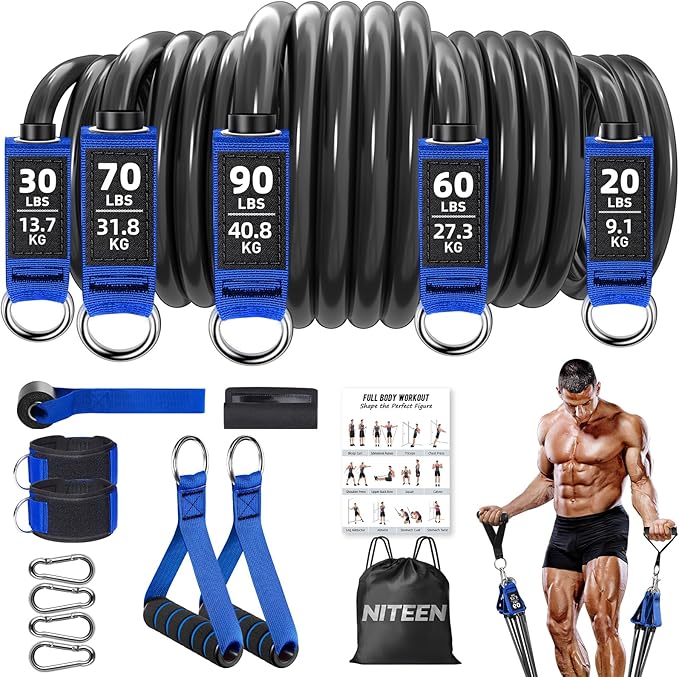 Heavy Resistance Bands for Working Out, NITEEN Resistance Bands with Handles Weight Exercise Bands for Men Women, Workout Bands with Door Anchor and Ankle Straps Strength Training Equipment