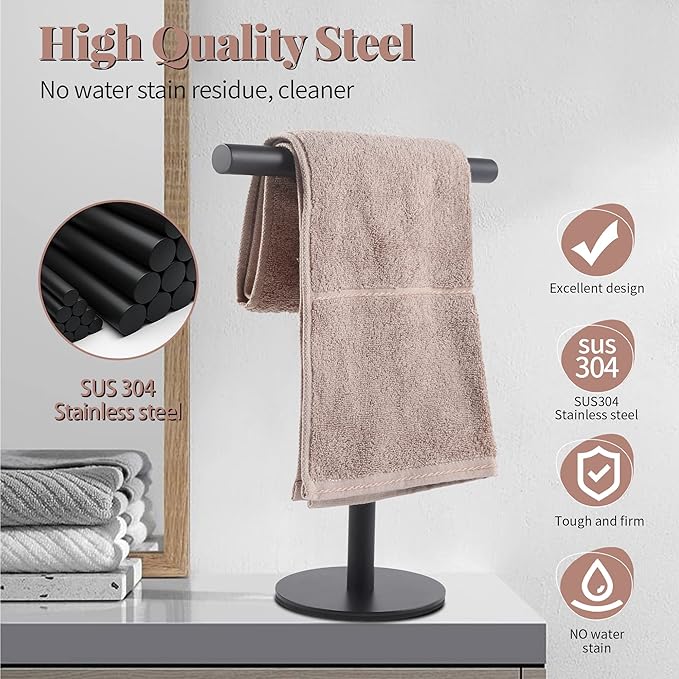 Bathroom Hand Towel Holder Stand，T-Shape Hand Towel Holder Stand SUS304 Stainless Steel Matte Black for Bathroom，Kitchen or Vanity Countertop(2 Pack)